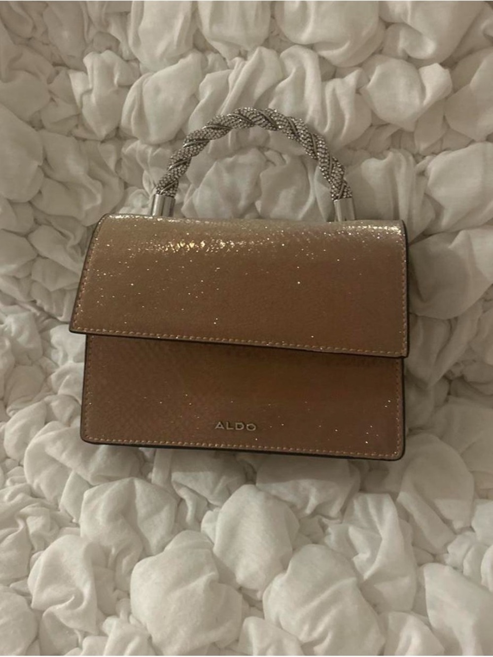 ALDO Glitter Top-Handle Satchel in Light Brown with Silver Braided Handle